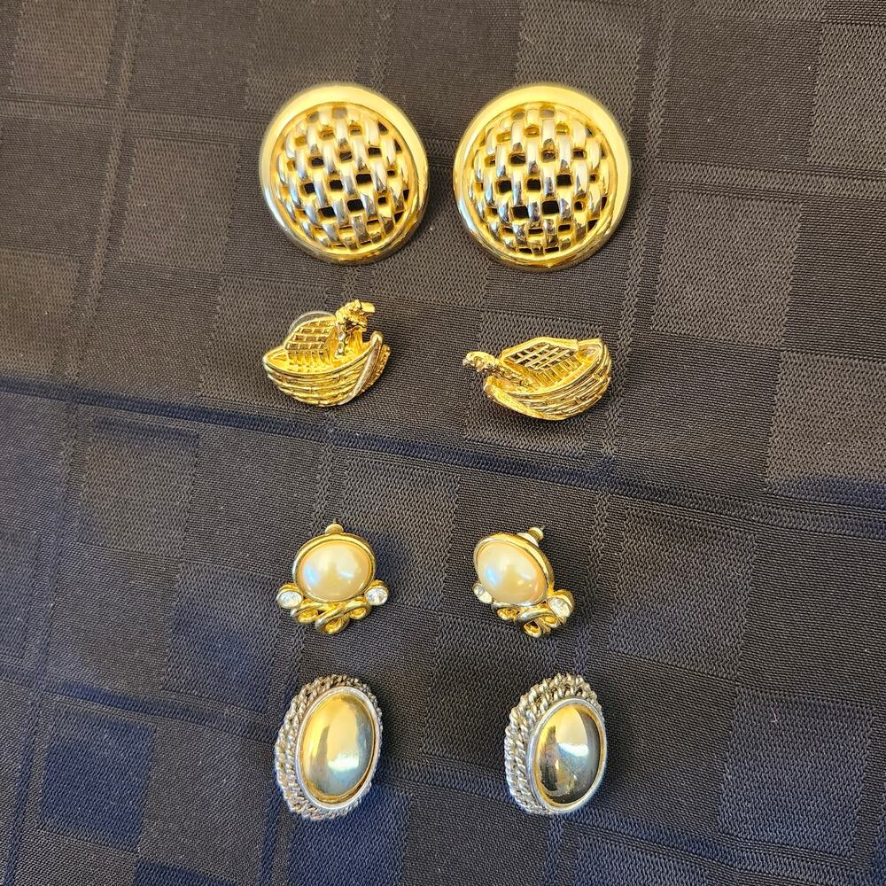 Premier Designs Vintage Lot 4 Pair Earrings Gold Tone Pierced Noah's Ark Oval